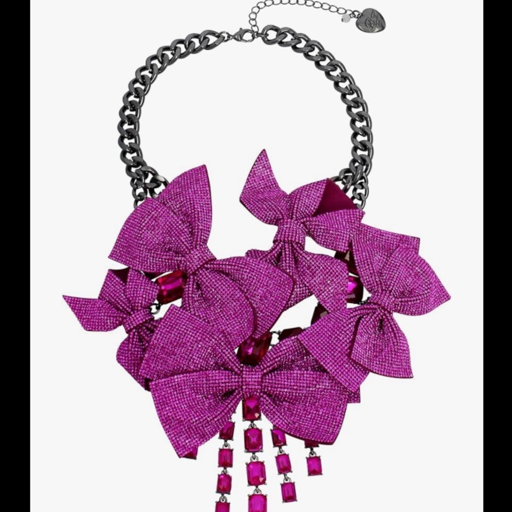BETSEY JOHNSON SET Pink Pavé & Crystals Statement Bow Necklace & Earrings NWT - Picture 2 of 15